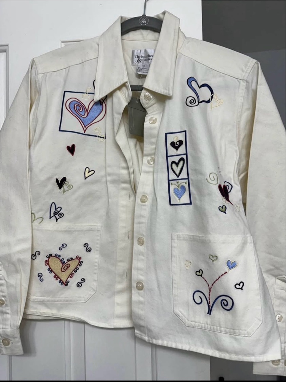 Christopher & Banks Cream Embroidered Heart Button-Up Jacket